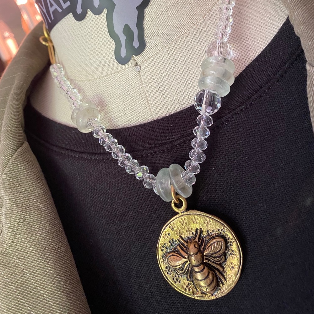 Crystal Cut Recycled Glass Beads Solid Brass Bee Charm Heavyweight. 18” Necklace